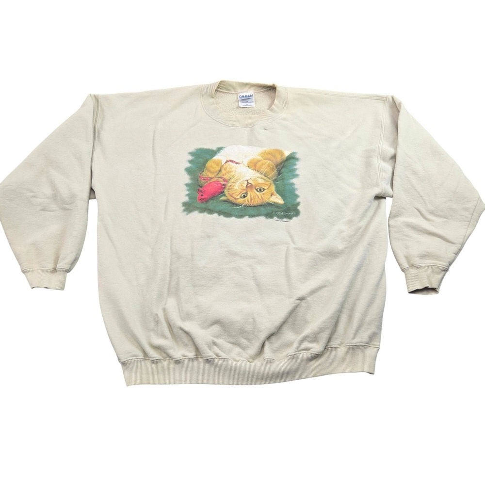 Vintage‎ Cat Sweatshirt XXL Beige Graphic Kitten Crewneck Pullover Oversized 90s